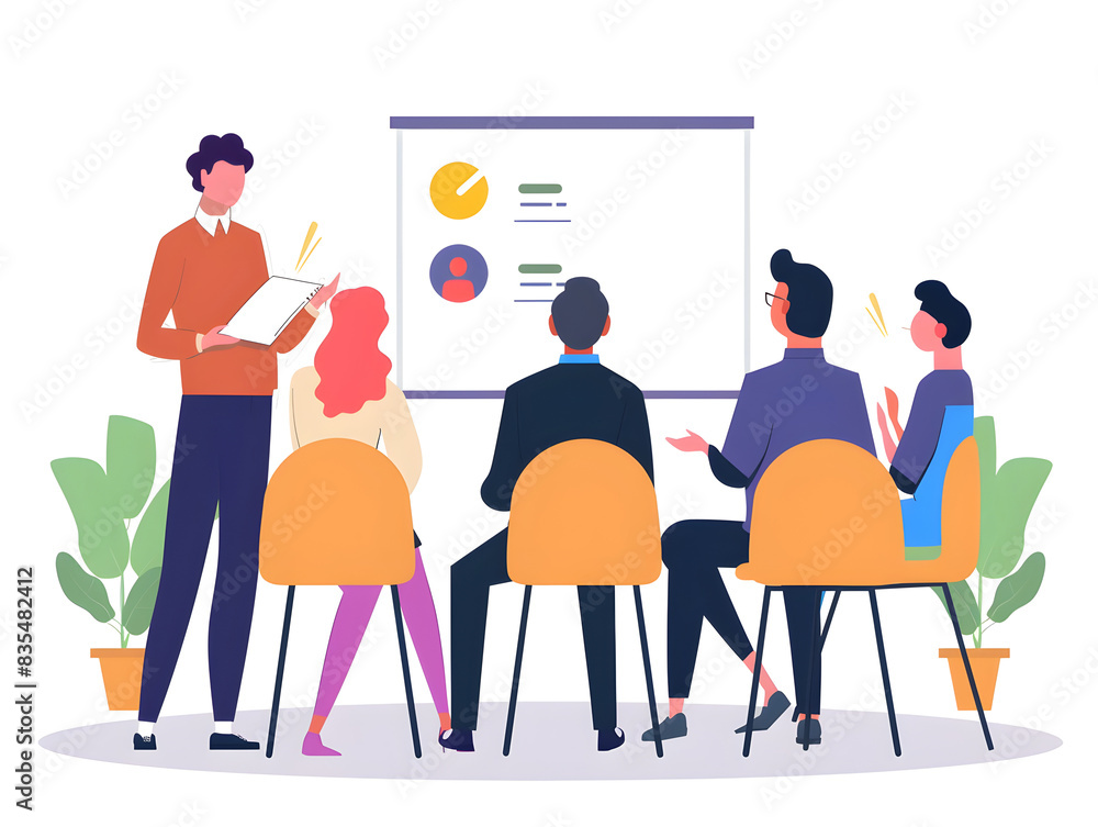 Teaching new employee in office setting, using visual aids and engaging conversation for learning. Teaching new employee in office setting, using visual aids and engaging conversation for learning.