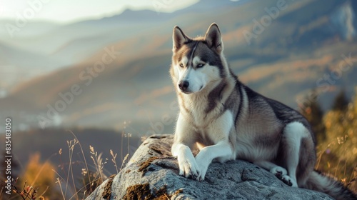 Portrait of a Husky dog on top of mountain