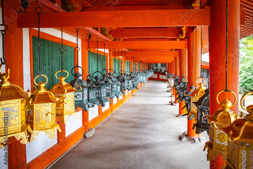 kasuga taisha shrine, nara, temple, bronze lanterns, park, japan, asia, red, vermilion, metal, lamps