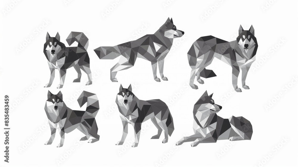 Full body collection with different poses of husky dog. Vector illustration