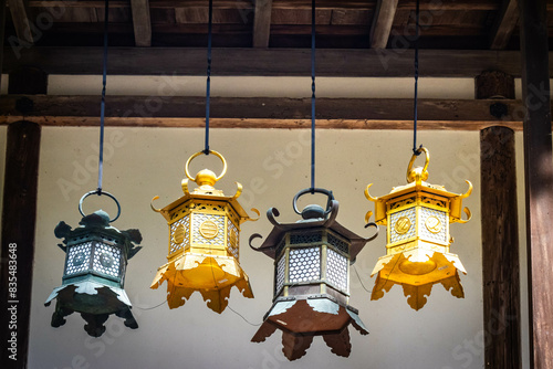 kasuga taisha shrine, nara, temple, bronze lanterns, gold, park, japan, asia photo