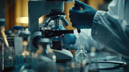 A scientist in a lab coat uses a microscope to examine a sample