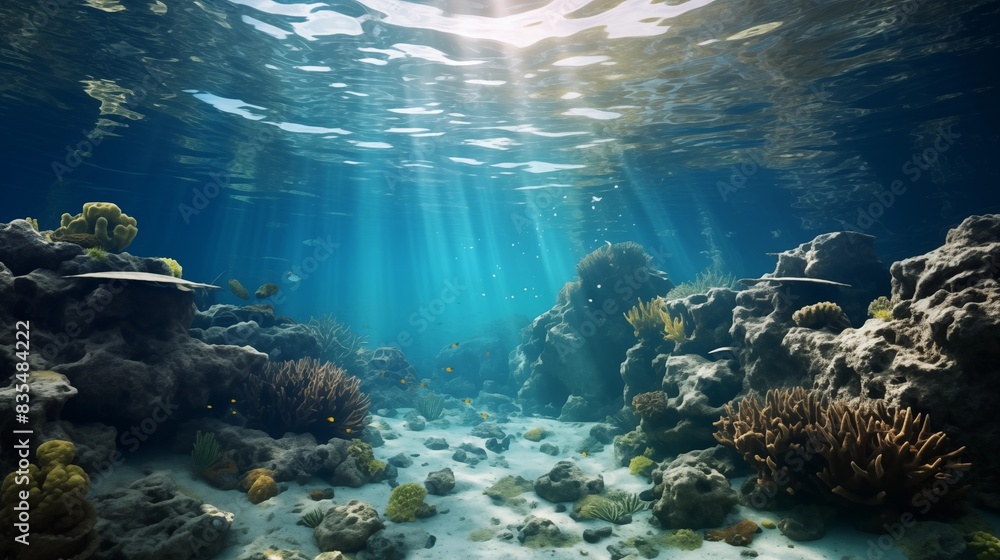 Obraz premium Sunlit Underwater Scene with Coral Reefs and Clear Water
