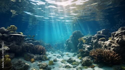 Sunlit Underwater Scene with Coral Reefs and Clear Water © Miva