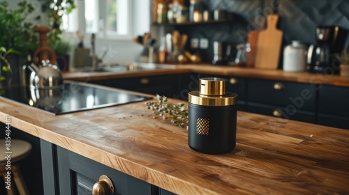 A wooden kitchen countertop with a black and gold seasoning container photo
