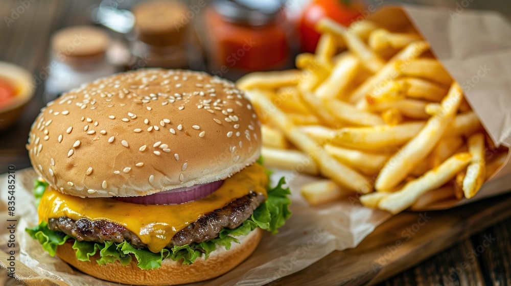 cheese burger and french fries with fast food ingredients on the background. Generative Ai cheese burger and french fries with fast food ingredients on the background. Generative Ai
