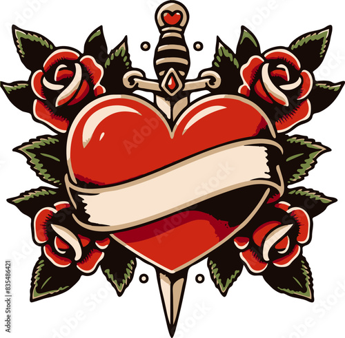 Tattoo Hearts Dagger. Traditional Tattoo Hearts and Scrolls Vector SVG collection with knife dagger . Classic Mom tattoo art, this valentine beautifully rendered hearts and scrolls temporary tattoos t