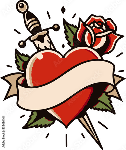 Tattoo Hearts Dagger. Traditional Tattoo Hearts and Scrolls Vector SVG collection with knife dagger . Classic Mom tattoo art, this valentine beautifully rendered hearts and scrolls temporary tattoos t