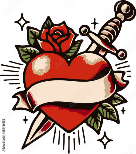 Tattoo Hearts Dagger. Traditional Tattoo Hearts and Scrolls Vector SVG collection with knife dagger . Classic Mom tattoo art, this valentine beautifully rendered hearts and scrolls temporary tattoos t