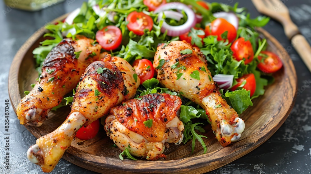chicken legs and tasty salad on wooden plate. Generative Ai chicken legs and tasty salad on wooden plate. Generative Ai
