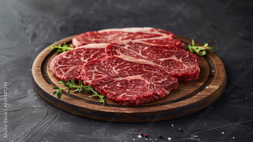 Rich Textures of Raw Steaks with Marbling on Wooden Board Rich Textures of Raw Steaks with Marbling on Wooden Board