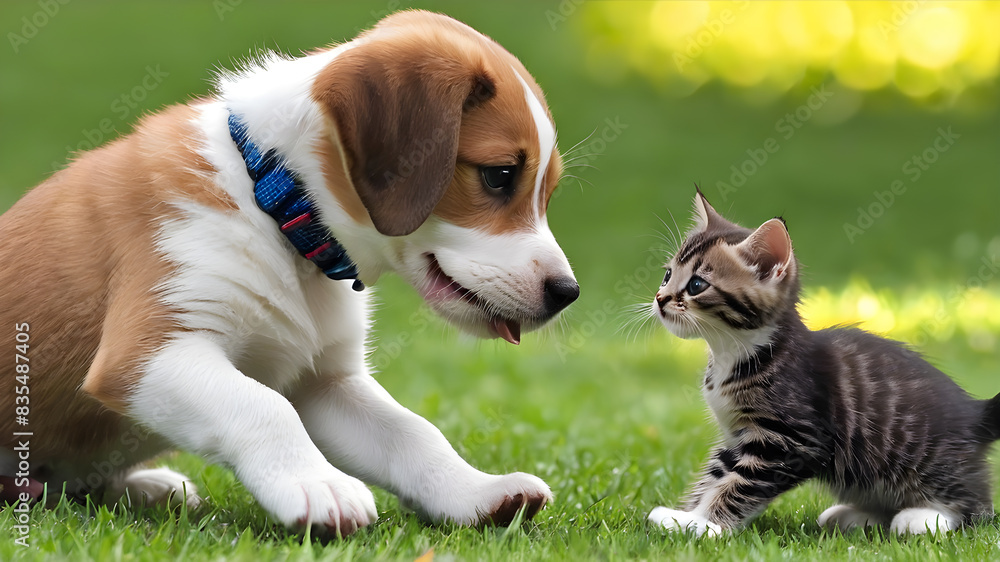 A Heartwarming Moment Between a Dog and Cat at Play, Puppy And Kitten, Dog and Cat Playing Together. Generative AI A Heartwarming Moment Between a Dog and Cat at Play, Puppy And Kitten, Dog and Cat Playing Together. Generative AI