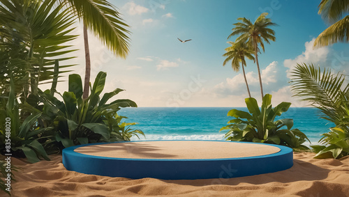 Beautiful podium, tropic leaves, sea