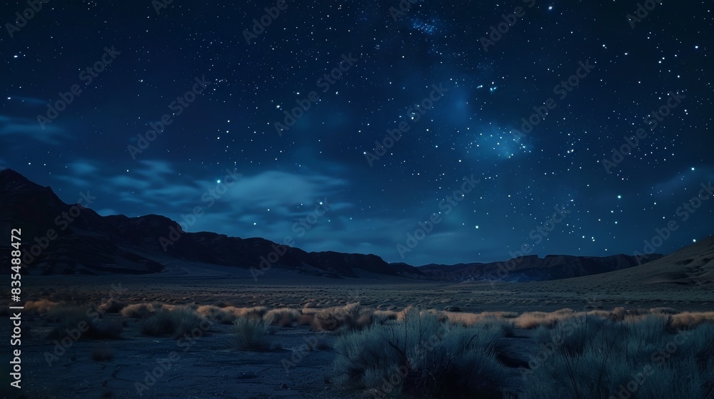Starry night sky over desert landscape