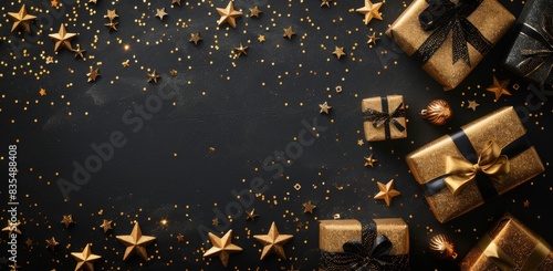 Gold Gift Box With Ribbon and Stars on Black Background photo