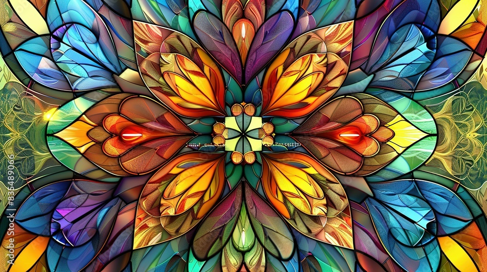 Stained glass floral. Stained glass style with abstract flowers, leaves and curls abstract background