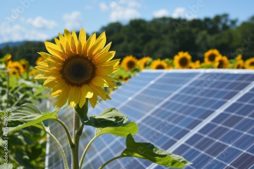 Sunflower in the forefront with solar panels under clear skies in the background symbolizing sustainable energy