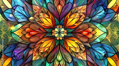 Stained glass floral. Stained glass style with abstract flowers, leaves and curls abstract background © Koplexs-Stock