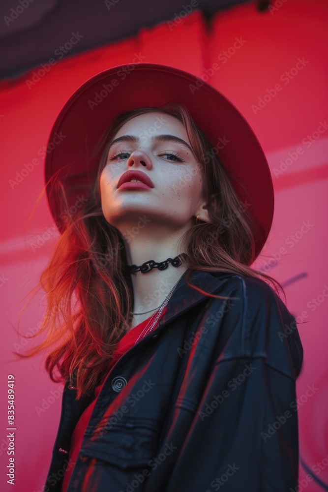 A woman wearing a red hat and a black jacket, possibly for a formal event or a costume party A woman wearing a red hat and a black jacket, possibly for a formal event or a costume party