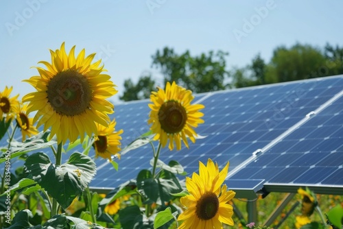 Sunflowers in full bloom with solar panels in the background against a cloudless sky