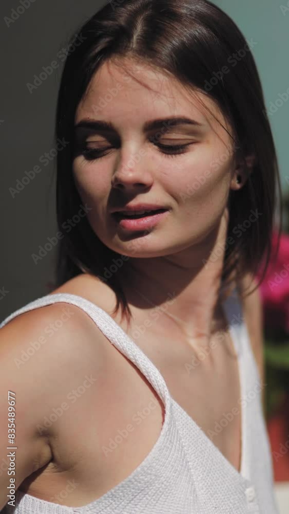 A portrait of a girl, woman on the terrace, balcony under the summer sun, health, day, feeling the wind, summer morning, starting a day, enjoying life, chilling, rest, feeling, calm