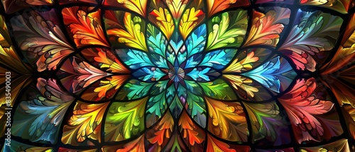 Stained glass floral. Stained glass style with abstract flowers  leaves and curls abstract background