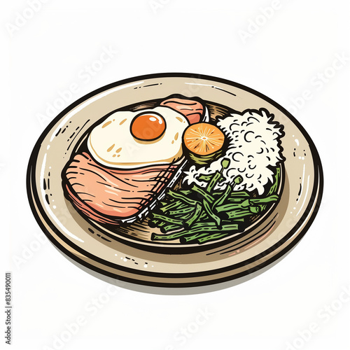 Illustration of a Meal with Rice, Vegetables, Egg, and Meat on a Plate 