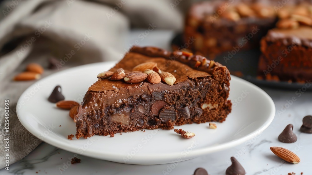 Almond and Chocolate Chip Brownie Cake on White Plate Almond and Chocolate Chip Brownie Cake on White Plate