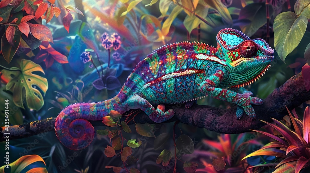 A colorful chameleon blending in with the vibrant foliage, its body morphing colors A colorful chameleon blending in with the vibrant foliage, its body morphing colors