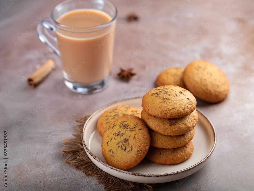 Freshly baked round cookie biscuits with cumin spice, jeera biscuits snacks. Masala chai in glass on the side. Freshly baked round cookie biscuits with cumin spice, jeera biscuits snacks. Masala chai in glass on the side.