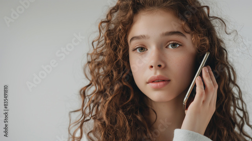 Retrato de uma linda adolescente com cabelos cacheados, fazendo uma ligação. Foto de estúdio, fundo branco com espaço de cópia photo