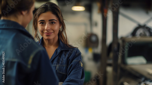 Mecânica de automóveis feminina conversando com o cliente, apertando as mãos. Mulher bonita trabalhando em uma garagem, vestindo macacão azul. photo