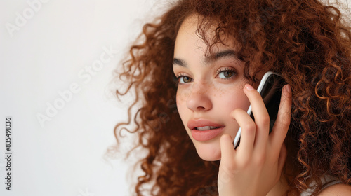 Retrato de uma linda adolescente com cabelos cacheados, fazendo uma ligação. Foto de estúdio, fundo branco com espaço de cópia photo