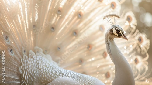 A majestic white peacock with its feathers fully spread  the sunlight highlighting its beauty