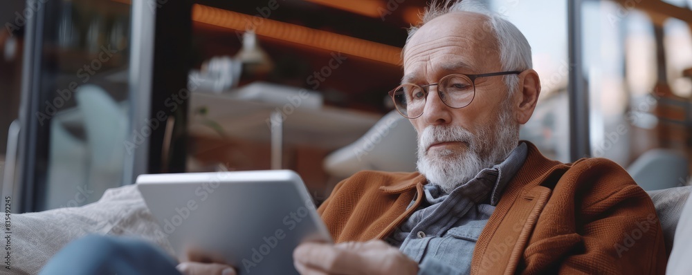 Fototapeta premium Elderly gentleman comfortably reading a newspaper in a luxurious armchair with a warm atmosphere.