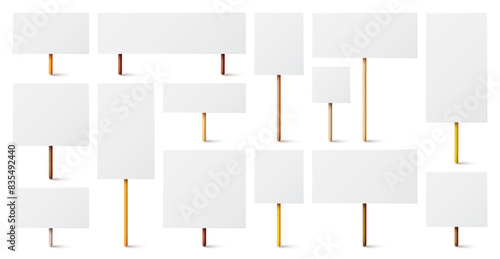 Blank white protest sign with wooden holder. Various realistic vector demonstration banners. Strike action cardboard placard mockup. Social advertisement. Vector illustration