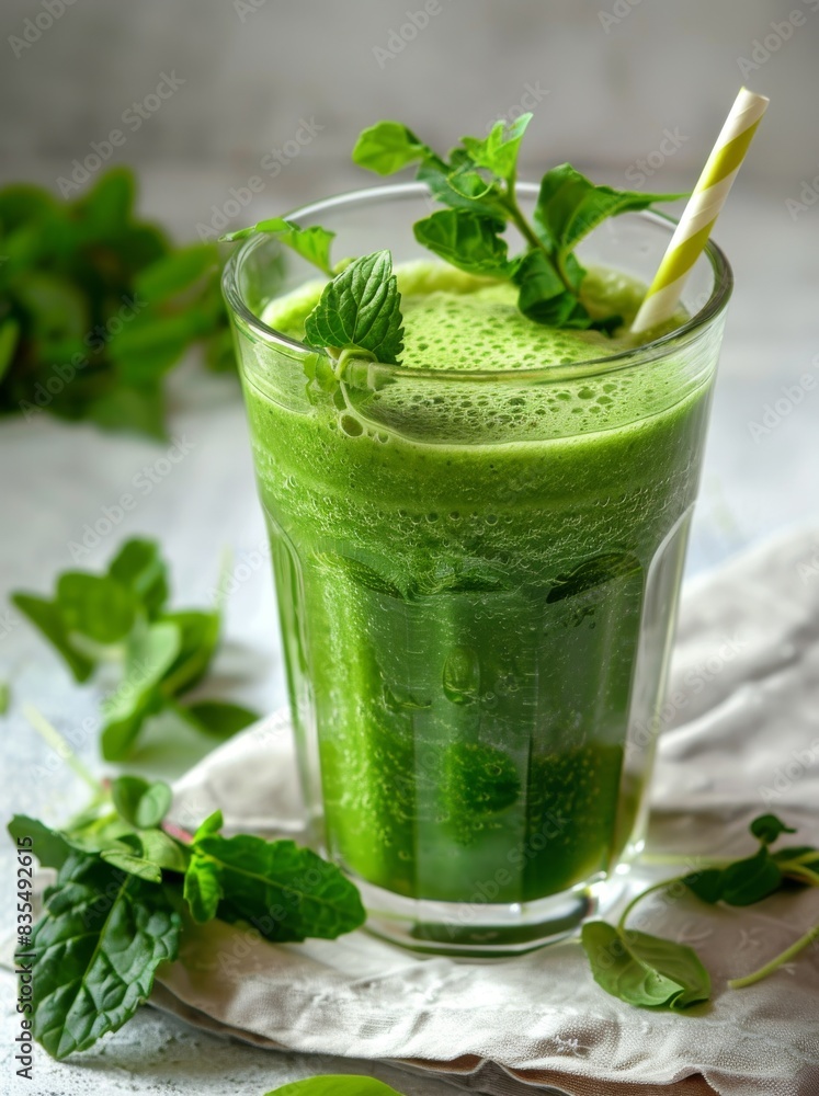 Green smoothie drinks with herbs and a straw. Green smoothie drinks with herbs and a straw.