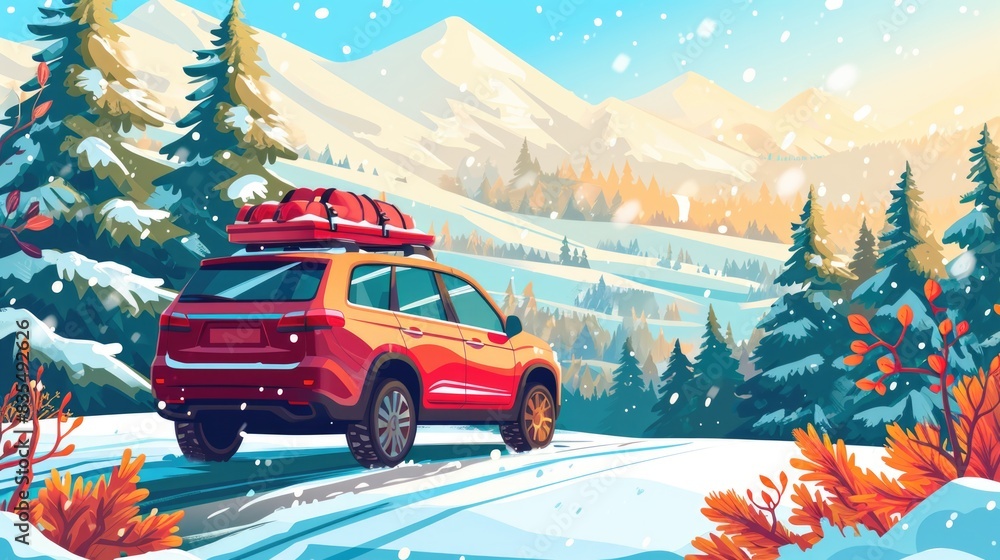 A red SUV is seen driving down a snowy road, providing a splash of color against the winter backdrop