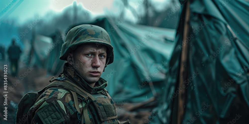 Obraz premium Soldier at Campsite