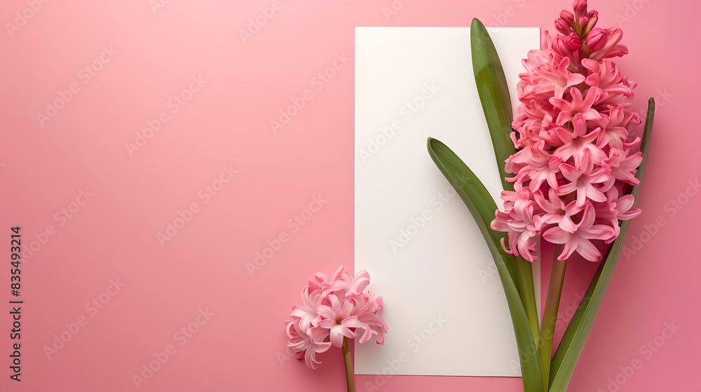 Obraz premium Pink flowers on a pastel pink background with white paper. Stylish and minimal floral arrangement. Perfect for stock photos and invitations. AI