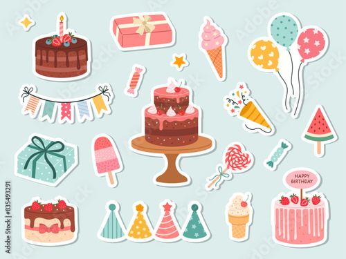 Birthday sweets. Vector Sticker Set