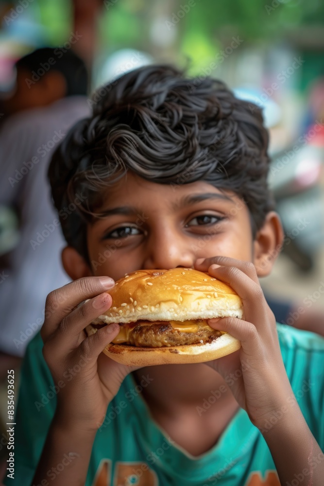 A young boy enjoying a meal outside, with a hamburger as the main focus A young boy enjoying a meal outside, with a hamburger as the main focus