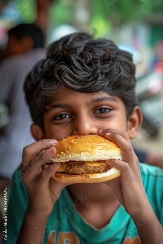A young boy enjoying a meal outside  with a hamburger as the main focus