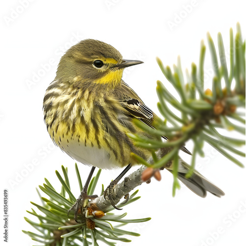 Female cape may warbler on spruce tree in spring isolated on white background, text area, png
 photo