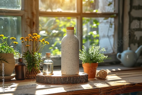 A sunlit windowsill scene featuring a ceramic bottle, glass bottles, potted plants, and flowers on a rustic wooden table, evoking a sense of peace and tranquility.
