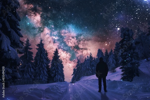 Starry sky behind man on snowy landscape