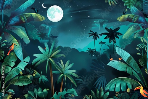 exotic night jungle wallpaper with tropical palm trees banana leaves birds and animals fantastical moon landscape illustration for kids room interior design