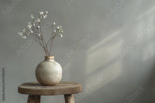 Decorative vase with two Eucalyptus in round shape on an old carved wood stand with a grated wall
