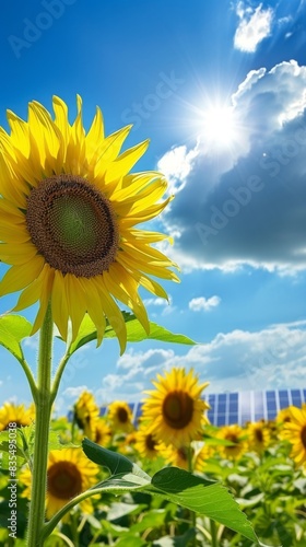 A vibrant sunflower foreground with solar panels in the sunny backdrop
