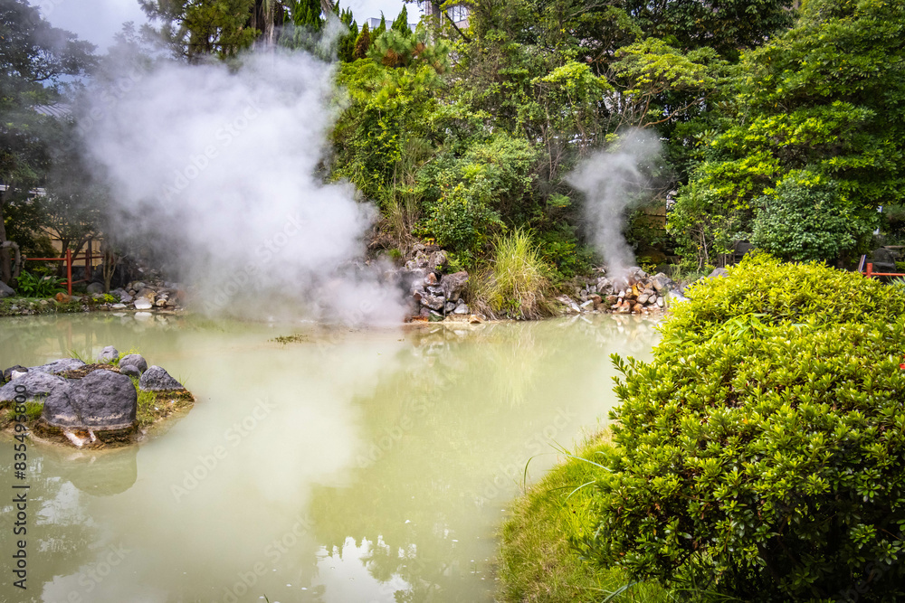 Fototapeta premium shiraike jigoku, 7 hells of beppu, jigoku, hot springs, kyushu, japan, white pond hell, asia